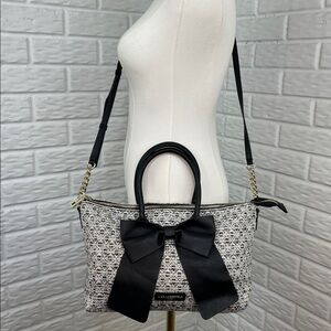 KARL LAGERFELD TWEED LEATHER Black White Gold Kris Bow Handbag Tote Crossbody
